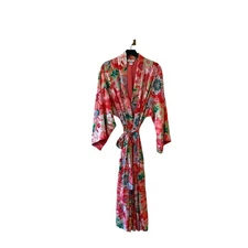 Natori Floral Print Kimono Robe Red Green Pink Womens Large Lightweight