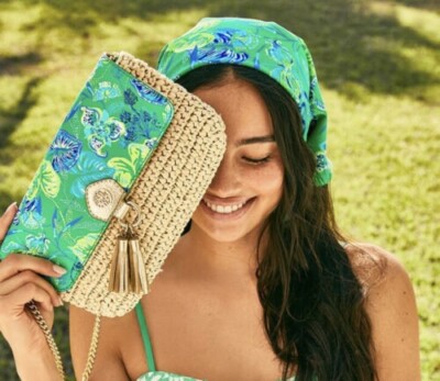 Lilly Pulitzer Straw Crossbody Botanical Green In Flutter Clutch Gold Chain NWT