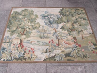 Vintage Handgemacht Französisch Design Original Wolle Grün Aubusson Gobelin
