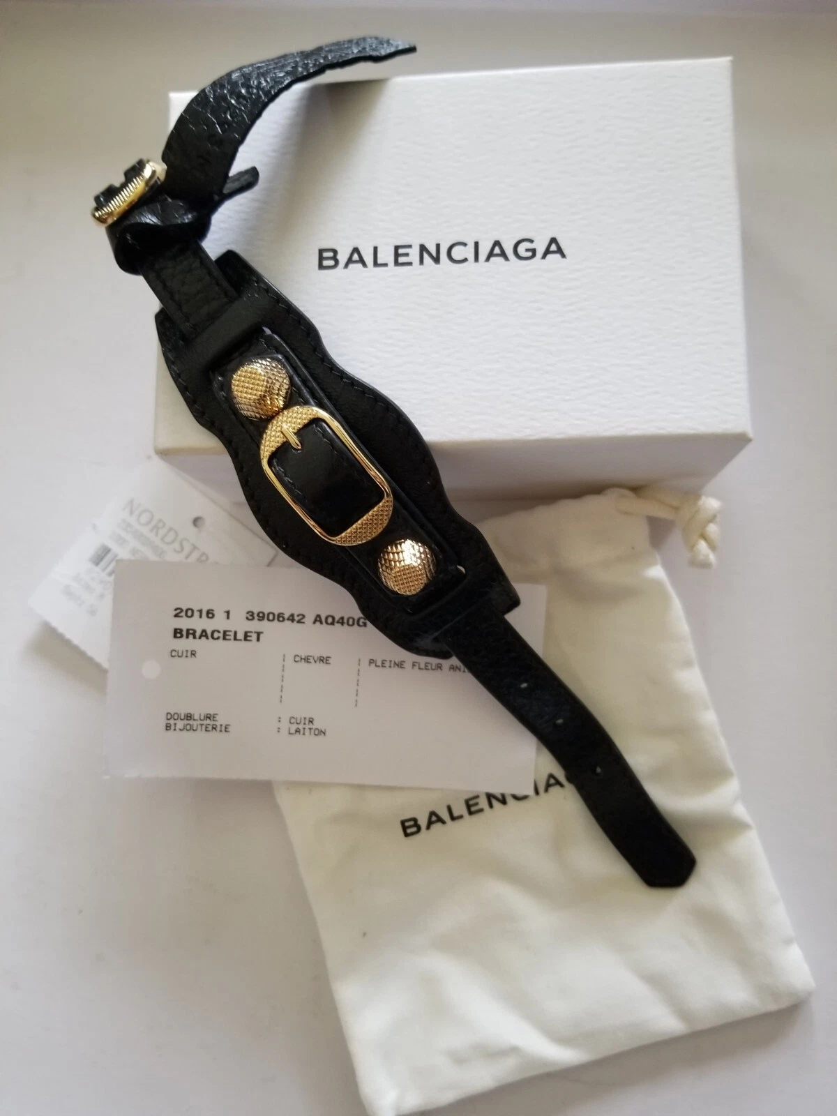 Bracciale Balenciaga Nero Gigante Arena Pelle Ferramenta Tono Oro M Nuovo con etichette