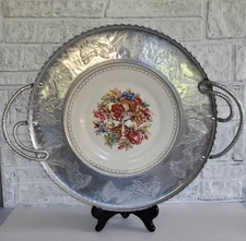 Vtg Farberware Wrought Aluminum & Limoges Plate/Platter Cheese Fruit Meat Tray