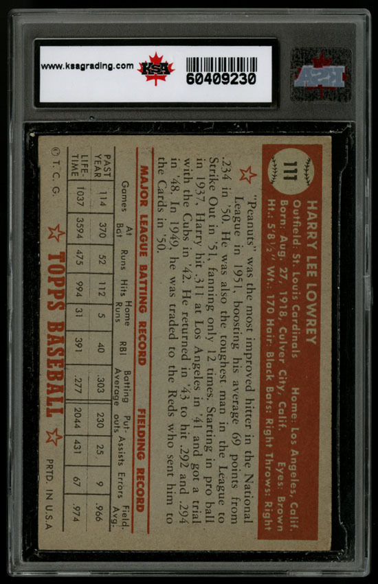 1952 TOPPS BASEBALL 111 HARRY "PEANUTS" LOWREY ST LOUIS