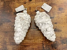 Raz Imports Set of 2 White Glass Pinecone Ornaments, glittered, 5 1/2" Tall NWT