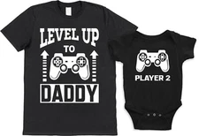 Level Up to Daddy Matching Cotton Baby Vest & Mens T-Shirt Set Daddy & Baby Son