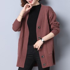 Lady Chunky Cable Knit Top Cardigan Jacket V Neck Sweater Coat Knitwear Casual