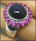 Ladies Vintage Sterling Silver Ring With Pink Gemstones & Dark Cabochon Size 9