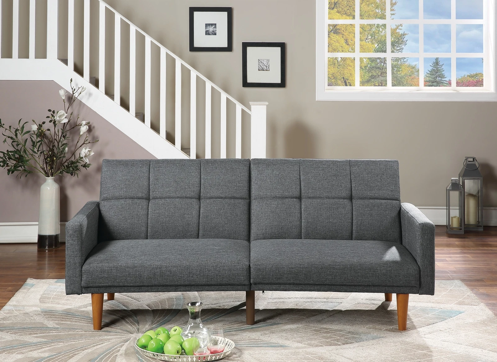 Transitional Look Living Room Sofa Couch Convertible Bed Blue Grey Polyfiber 1pc