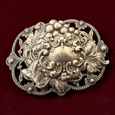 Victorian Gothic Revival Brooch Silver Tone Vintage Repousse Grapevine Pin