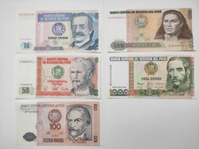 Banknotes Lot 5X PERU Intis 10 - 1000 (1987/1988) Condition I UNC Paper money