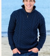 Aran Troyer Merino Wool Cable Knit 12 Zip Sweater Size Xxl Navy Fisherman