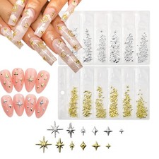 400Pcs 3D Gold Silver Star Nail Art Charms Metallic Studs Rhinestones Bling G...