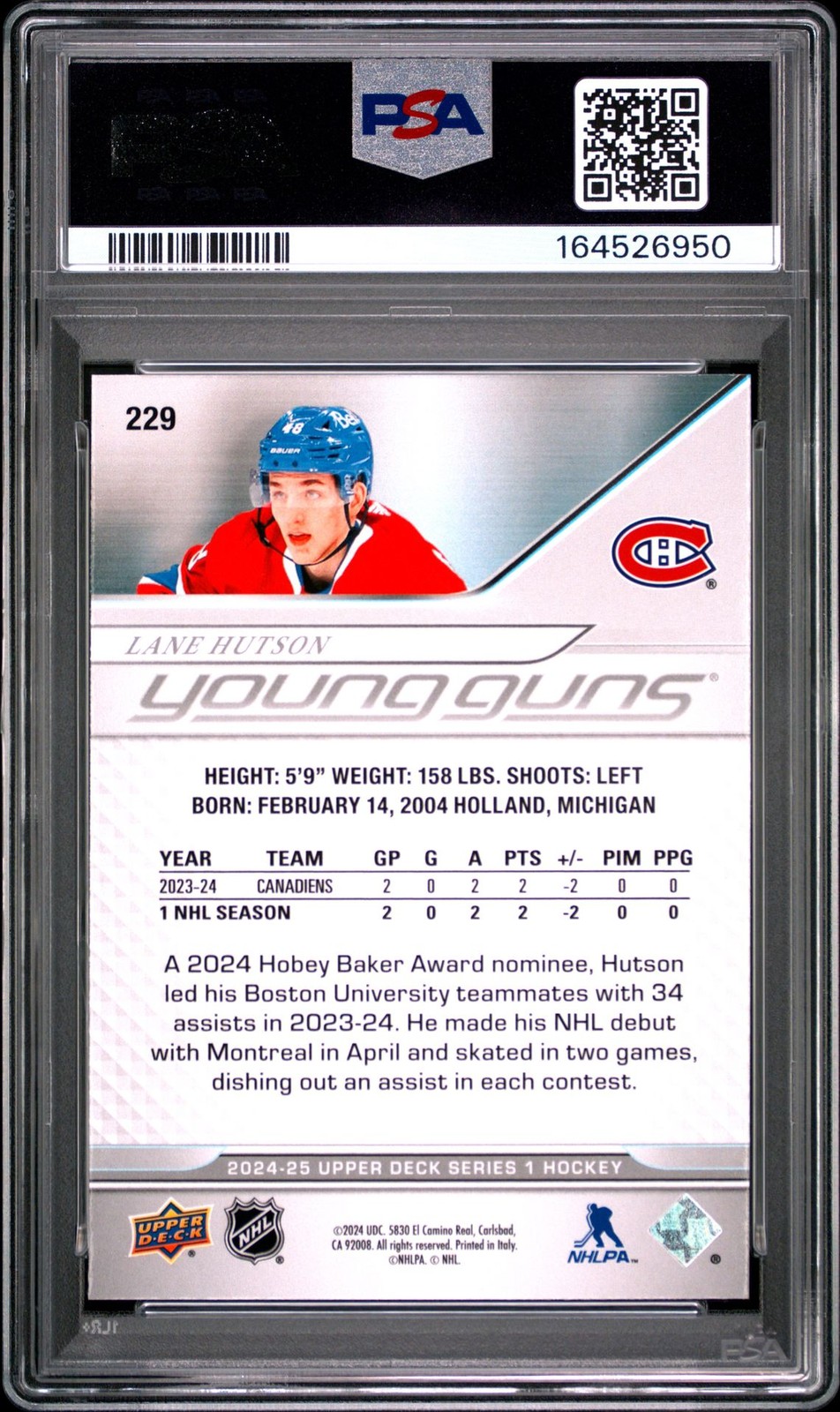 2024-25 Upper Deck Series 1 Hockey Lane Hutson Young Guns RC #229 PSA 10 view 2