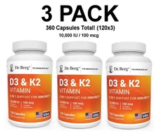Dr. Berg's D3 & K2 Vitamin, 3 PACK, 10,000 IU, 100 mcg per serving, 120 Capsules