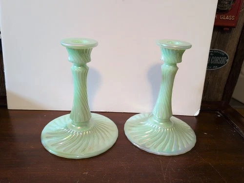 Fenton Art Glass 7” Swirl Opalescent Green Candle Holders