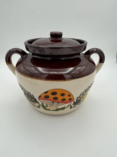 Vintage McCoy Pottery 3-qt Bean Pot w/Lid, Handles, Rooster Merry Mushroom Theme