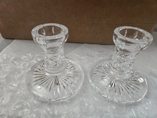 PAIR VTG WATERFORD CRYSTAL CANDLE HOLDERS CANDLESTICKS 4" TALL GOTHIC MARK