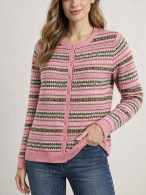Tabitha Webb Women Wool Blend Fair Isle Pink Cardigan Sweater Sz Large Button Up