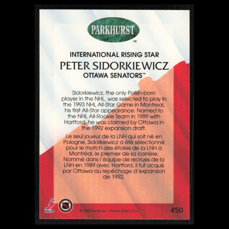 Peter Sidorkiewicz #450 1992 Parkhurst Ottawa Senators Hockey Card NHL NM - Image 2 of 3