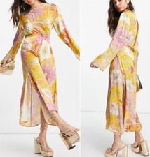 Topshop ASOS Tropical Floral Cutout Midriff Bell Sleeve Midi Dress 8 Boho 60’s