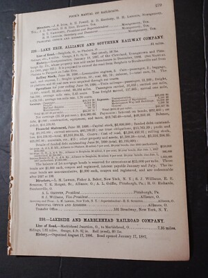1891 Zugbericht LAKE ERIE ALLIANCE & SOUTHERN RAILWAY Bergholz Phalanx Ohio RR