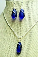 COBALT BLUE navy petite teardrop sea glass hand wired set. 20" chain