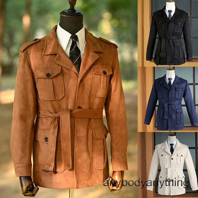 Mens Retro Suede Safari Jacket Multi Pockets Belted Hunting Coat Casual Outwear - Image 2 of 4