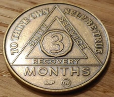3 Months Alcoholics Anonymous AA Bronze Medallion Coin Sobriety Chip Three.