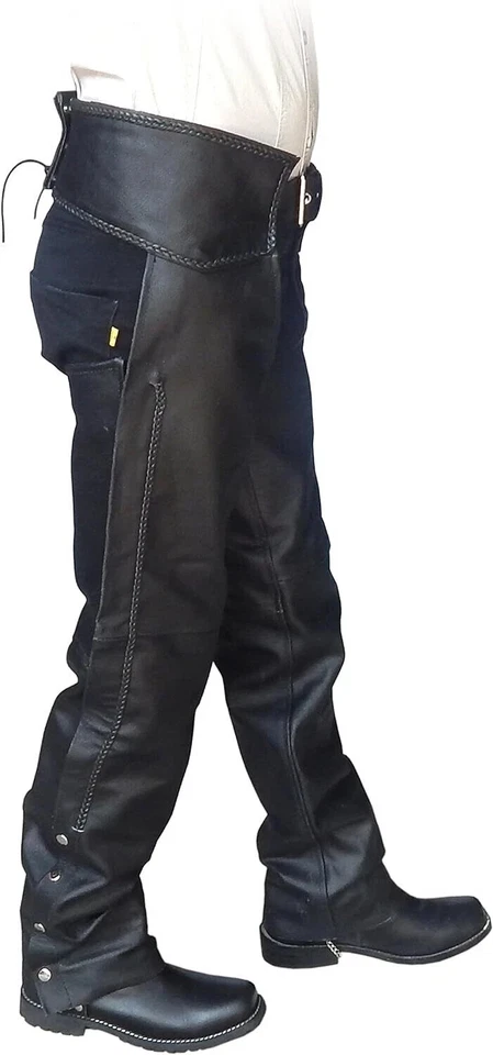 2Fit™ Unisex Genuine Black Leather Braided Motorcycle Chaps for Bikers - Image 4 of 4