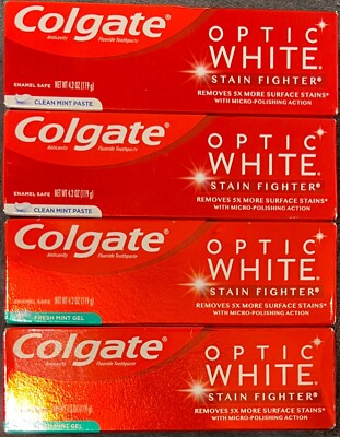 4 Pack Colgate Optic White Stain Fighter 2x Gel 2x Paste - 4.2 OZ - Exp 09/2025+