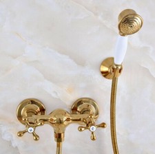 Golden Brass Bathroom Wall-Mount Mixer Tap With Hand Shower Spray Shower Faucets