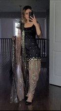 Latest Malay Satin Silk With Sequence Work Black Top-Dhoti And Dupatta For Women