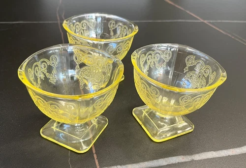 Vtg Lot Of 3 Indiana Yellow Depression Glass “Lorain Basket” 3” Sherbet Dishes