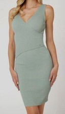 GUESS Womens Green Lucille Rib-Knit Faux-Wrap Sleeveless Dress Size S