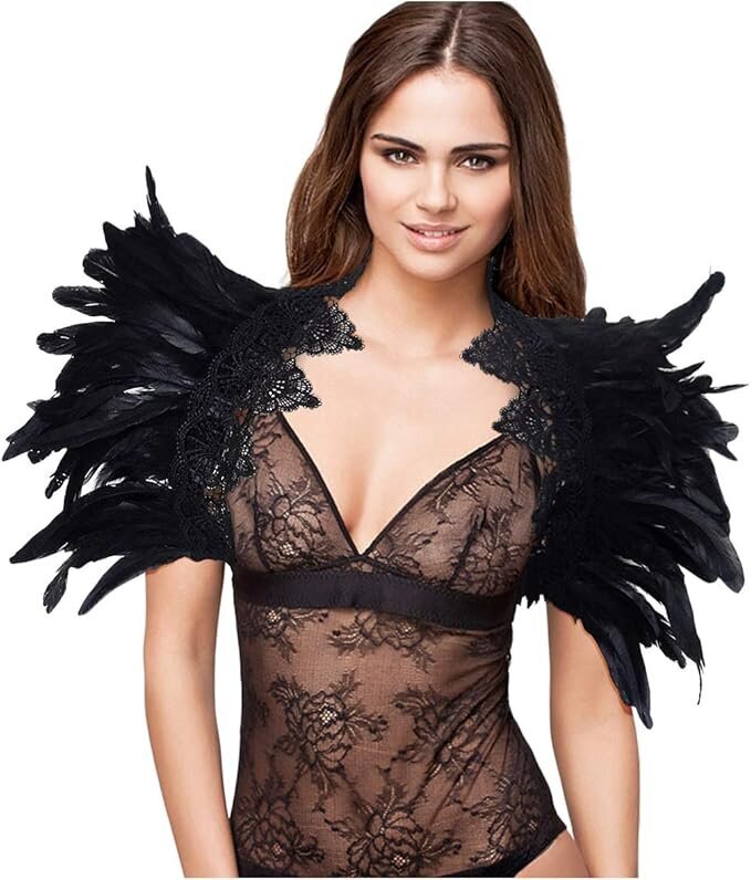 Capa de encogimiento de hombros de plumas negras envoltura de hombros con cuello de encaje - Disfraces de Halloween para