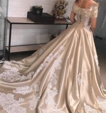 Satin Wedding Dresses Strapless Exquisite Lace Applique Corset Back Bridal Gowns