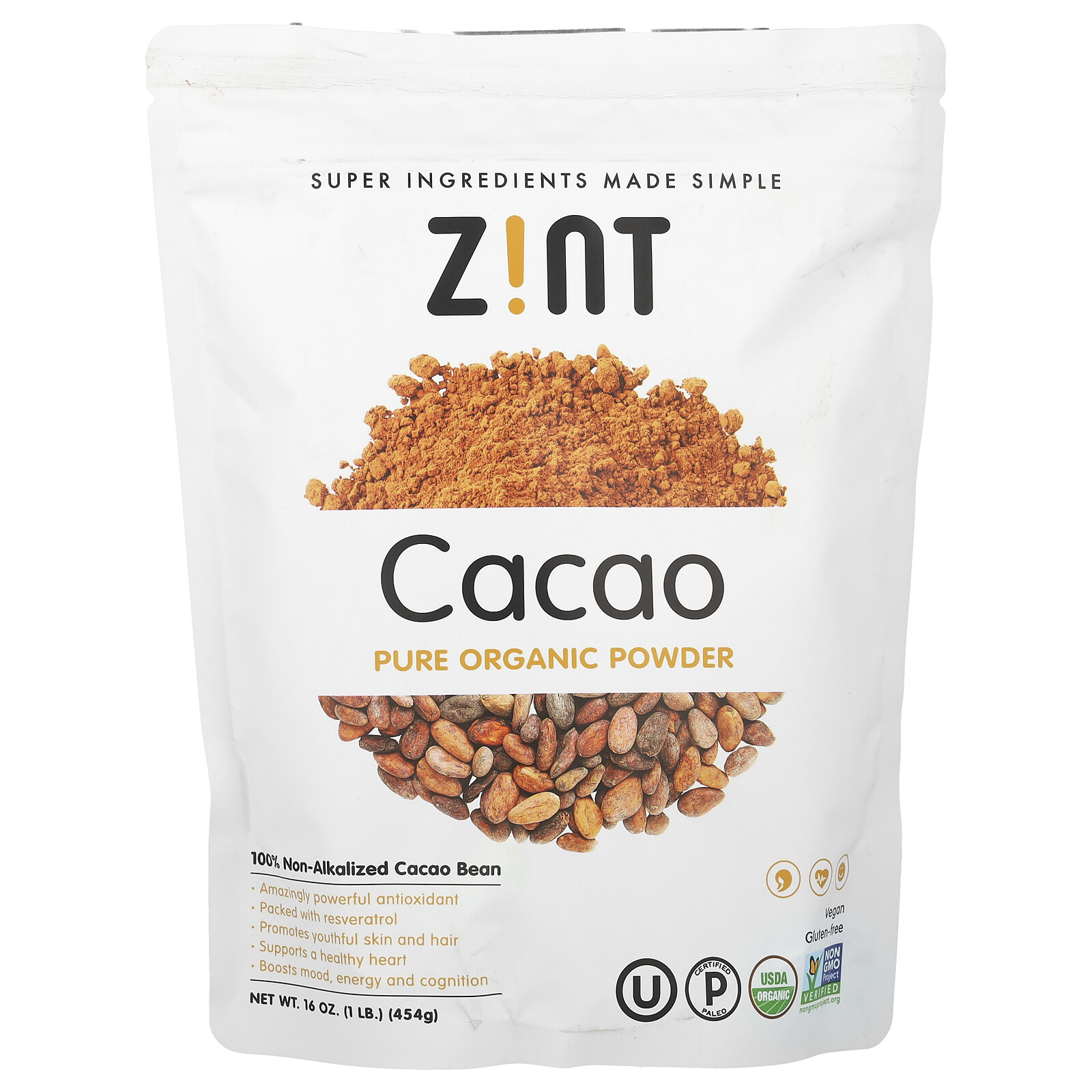Zint Raw Organic Cacao Powder 16 унций 454 г Без молока без глютена кошерный 5090₽