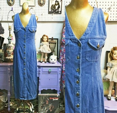 VTG 90s Denim Dress Jean Wiggle Button 