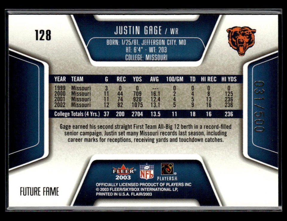 2003 Flair #128 Justin Gage Rookie #/500 Card Chicago Bears - Image 2 of 2