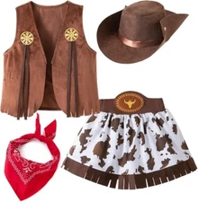 Little Girl Cowgirl Costume – 4-Piece Set (Fringe Vest, Skirt, Bandana & Hat)