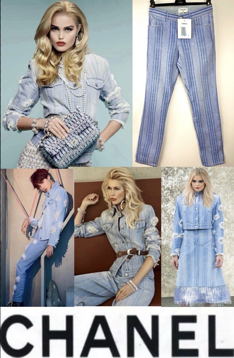 2.3k Chanel 2018 Blue Straight white jeans pants Logo 34 36 2.3k Chanel 2018 Blue Straight white jeans pants Logo 34 36