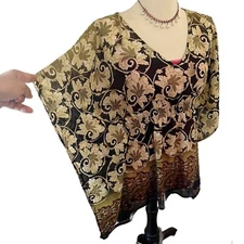 Sunny Leigh Womens Small Floral Brown Tunic Scarf Poncho Top Boho V-neck Chiffon