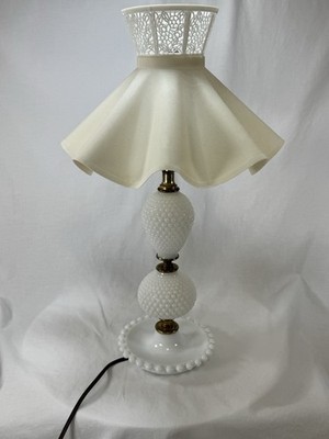 Vintage White Milk Glass Table Lamp, Beaded Base, Mid-Century Style