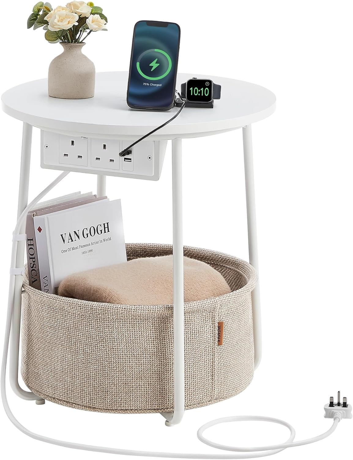 VASAGLE Side Table with Charging Station, Round End Table, Fabric Basket, Matte
