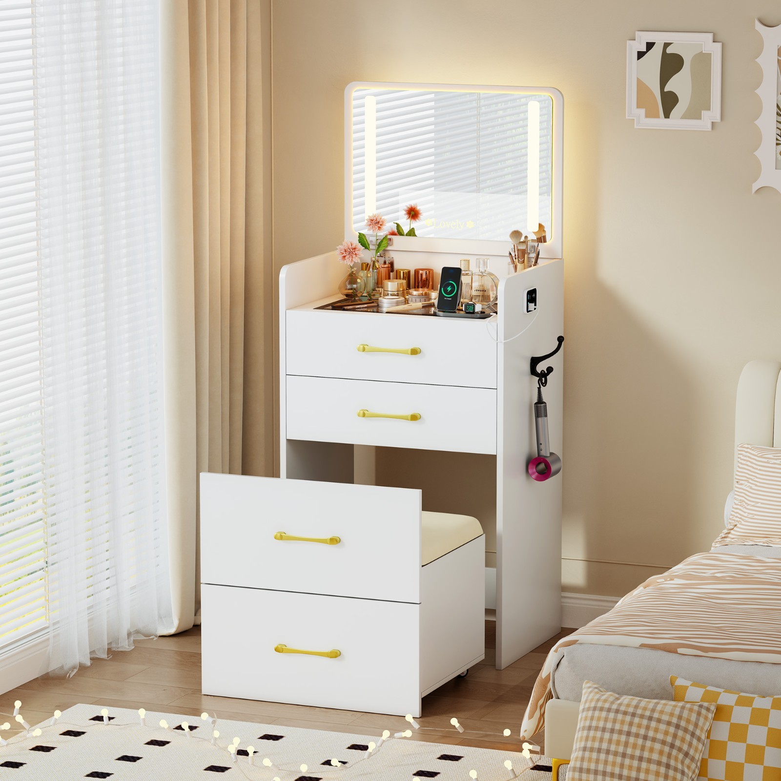 3-in-1 Vanity w/ Mirror & Sensor Lights, Charging Station, Glass Top, 3 Drawers