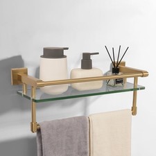 Bathroom Glass Shelf Brushed Gold Finish W/ Towel Rack SUS304 Stainless Steel