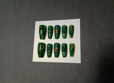 Celestial Green And Gold Press On Nails Medium Coffin