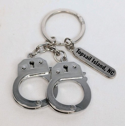 Vintage Silver Tone Topsail Island NC Souvenir Mini Finger Handcuffs Keyring
