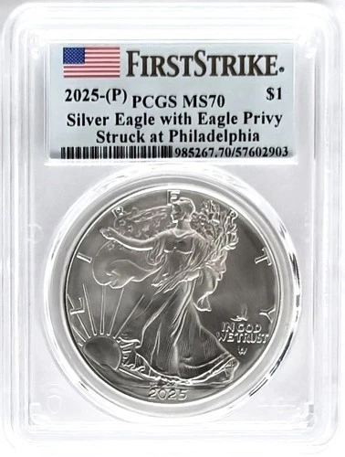 2025(P) SILVER EAGLE PHILADELPHIA MINT EAGLE PRIVY FIRST STRIKE PCGS MS70 FLAG