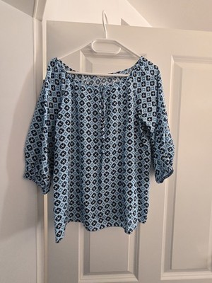 Schöne Funky Staff Dreiviertel Bluse in Blau mit Muster in Einheitsgröße