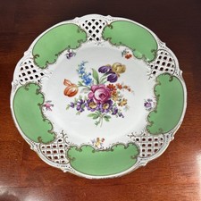 VTG Schumann Bavaria DRESDEN FLOWERS Bowl Plate 10 Pierced Edge Green Inserts